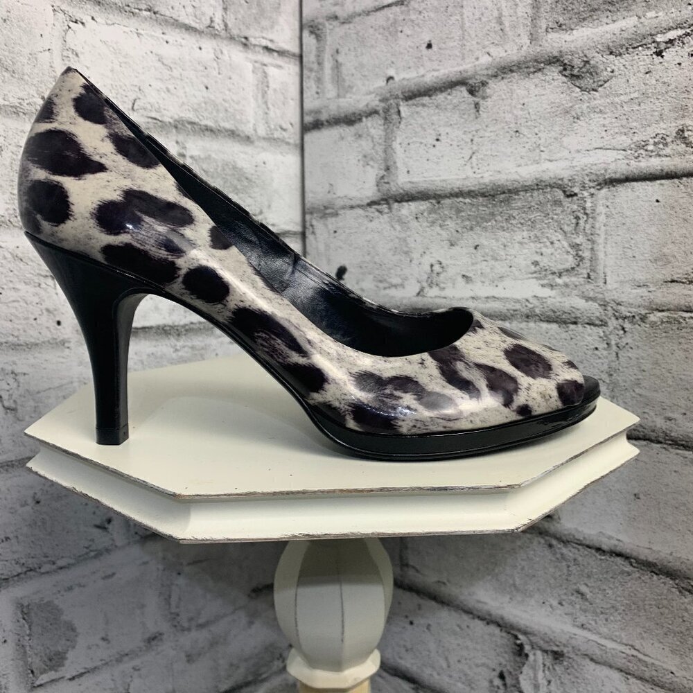 Alex Marie Patent Animal Print Pumps 9 Black White Peep Toe High Heel Shoes